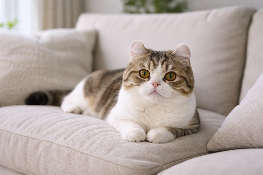 Pacha Litter Exotic Shorthair cat relaxing calmly on a sofa in a tidy UK home