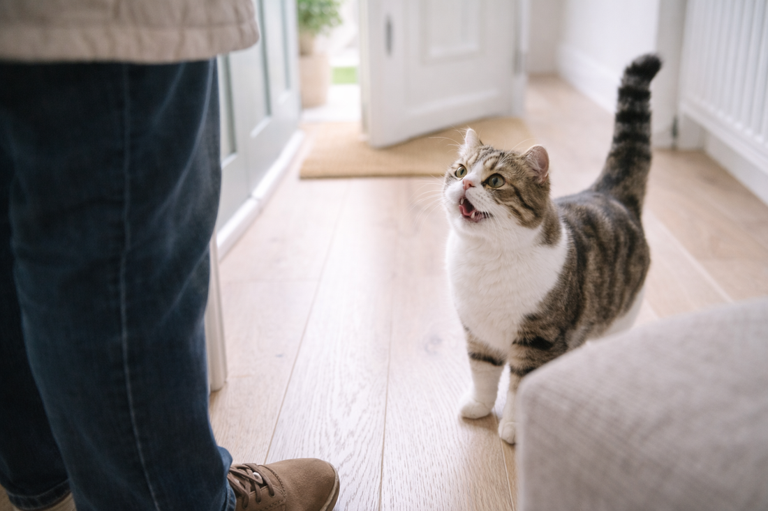 Pacha Litter Exotic Shorthair cat relaxing calmly on a sofa in a tidy UK home
