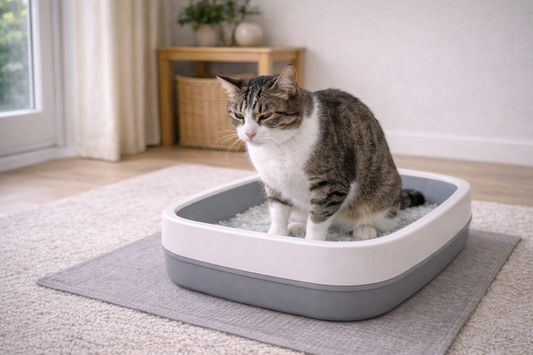 Pacha Litter image of a cat showing early FLUTD warning signs by straining at a clean litter tray in a UK home