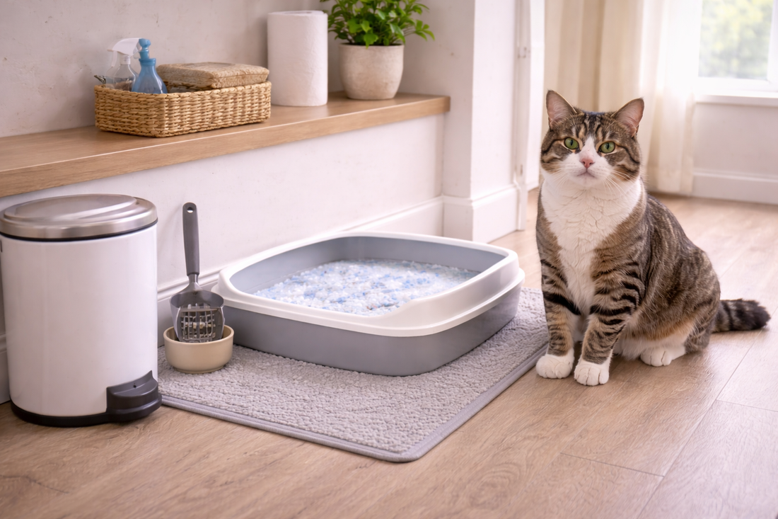 Pacha Litter image of a fresh litter corner with daily scooping setup to reduce cat odour in a UK home