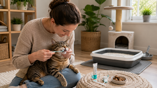 Owner gently brushing a cat's teeth at home while Pacha Litter supports a clean and healthy environment for daily preventative care.