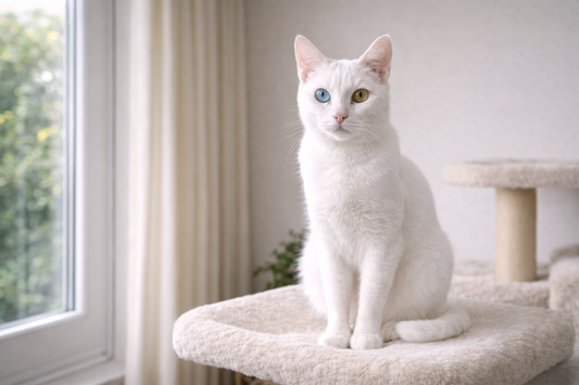 Pacha Litter image of a Khao Manee cat with sparkling odd-coloured eyes on a window perch in a UK home