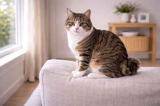 Pacha Litter image of a Kurilian Bobtail cat showing its distinctive pom-pom tail and athletic build in a UK home