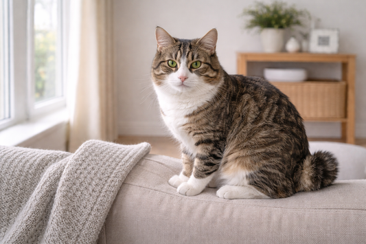 Pacha Litter image of a Kurilian Bobtail cat showing its distinctive pom-pom tail and athletic build in a UK home
