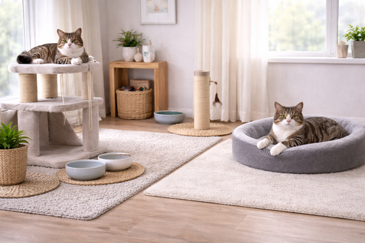 Pacha Litter image of two cats relaxing in separate zones in a UK home to reduce territorial stress