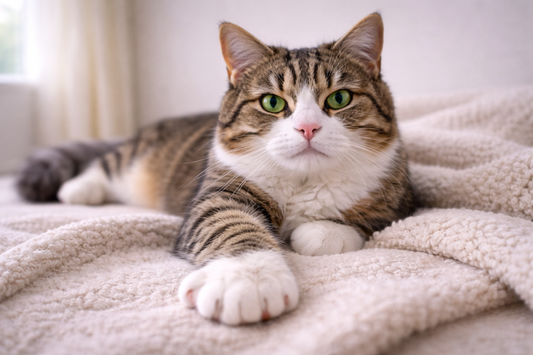 Pacha Litter image of a polydactyl cat showing mitten-like paws with extra toes in a UK home