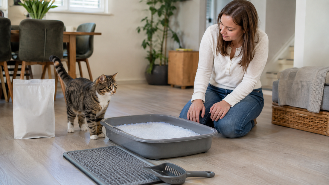Pacha Litter review showing anti-odour silica crystals in a clean British home with a relaxed cat