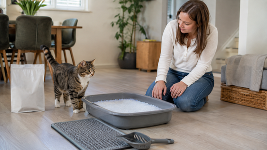Pacha Litter review showing anti-odour silica crystals in a clean British home with a relaxed cat