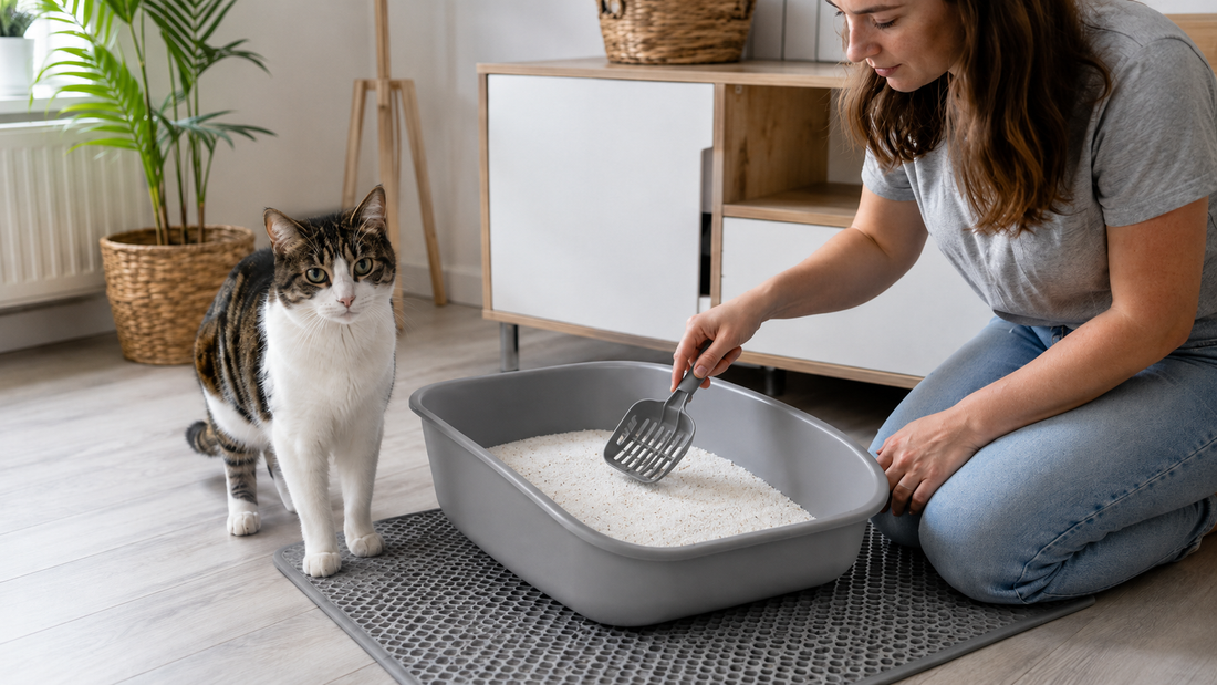 Pacha Litter review showing refined silica crystal litter with a clean tray and relaxed cat in a British home