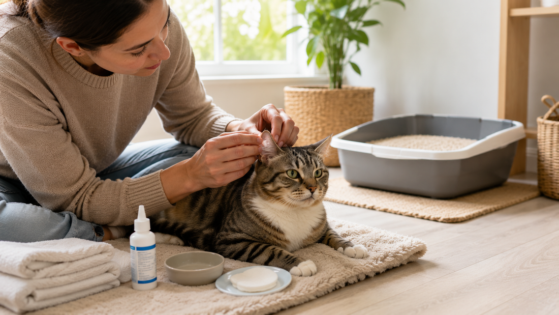 Cat owner performing a safe weekly ear health check on a healthy cat with Pacha Litter supporting a clean, low-dust home environment.
