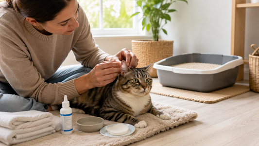 Cat owner performing a safe weekly ear health check on a healthy cat with Pacha Litter supporting a clean, low-dust home environment.