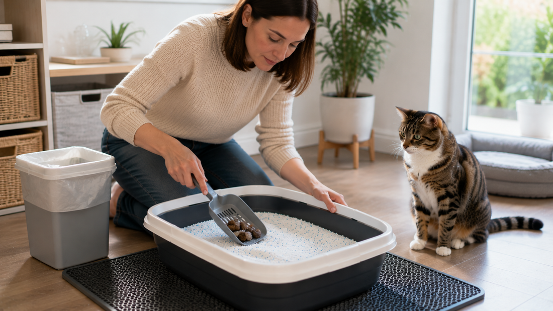 Quick 45-second daily Pacha Litter silica cat litter maintenance routine in a clean British home.
