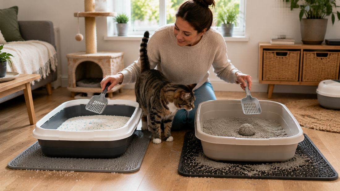 Pacha Litter silica litter vs clumping litter comparison showing two trays for odour control, dust, tracking and cat comfort.