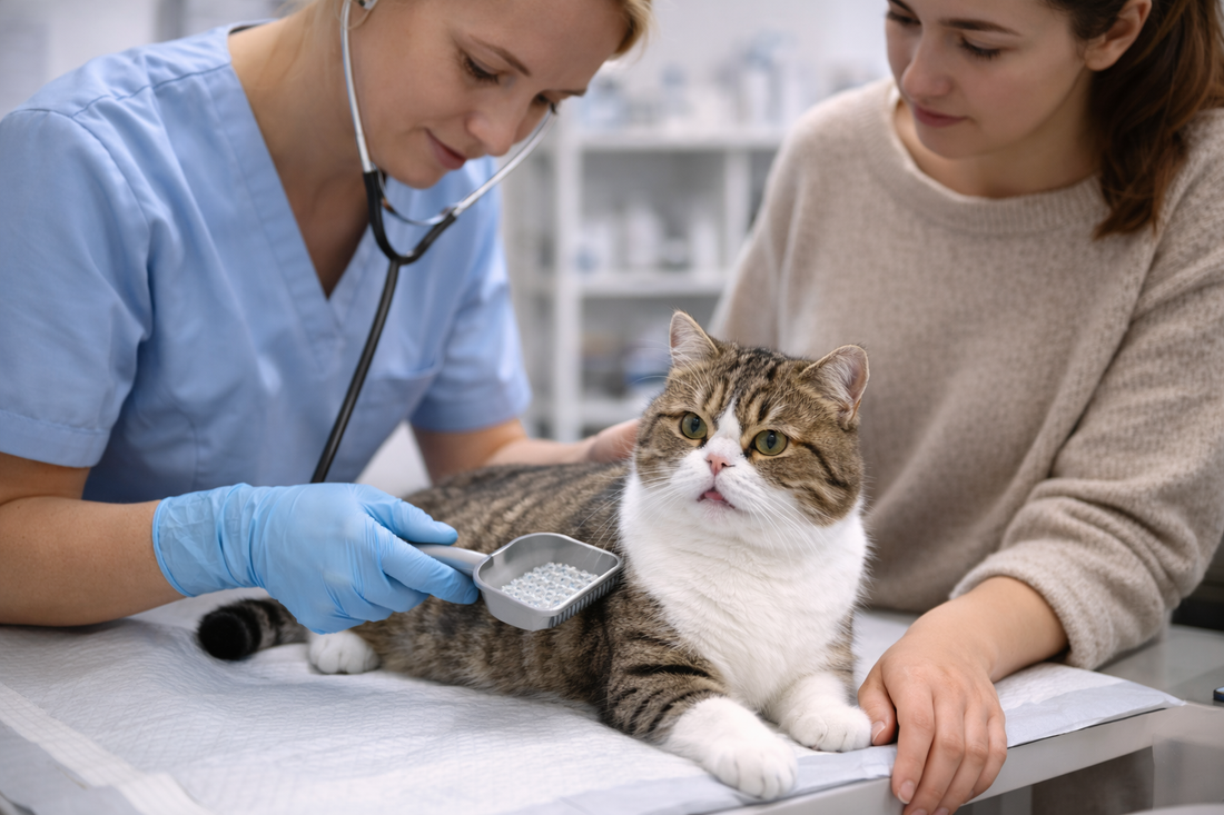 Pacha Litter health guide image of a UK vet check-up for cat toxoplasmosis symptoms and early diagnosis.