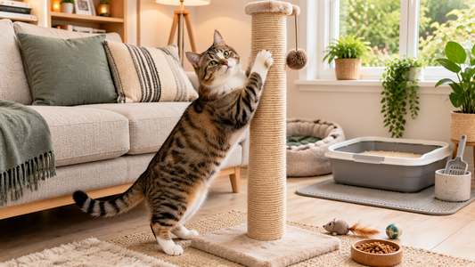 Owner rewarding a cat during scratching training while using Pacha Litter to maintain a clean and comfortable cat-friendly home.
