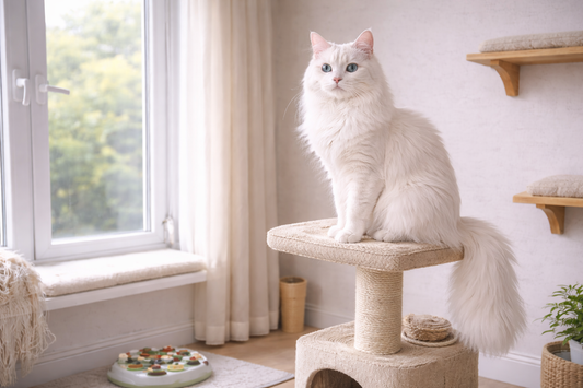 Pacha Litter Turkish Angora cat relaxing on a tall cat tree in a bright UK living room with enrichment toys nearby