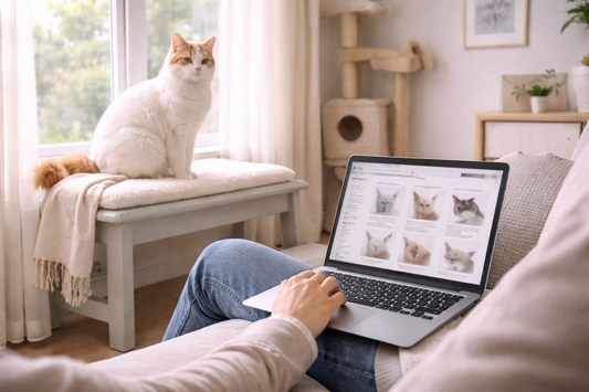 UK owner researching rare Van hybrid cats while a Van-pattern cat relaxes by the window, with a clean home supported by Pacha Litter