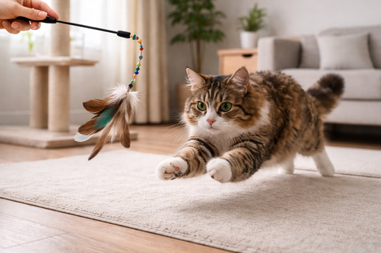 Pacha Litter image of interactive wand play in a UK home, showing a cat practising natural hunting behaviour for health and wellbeing.