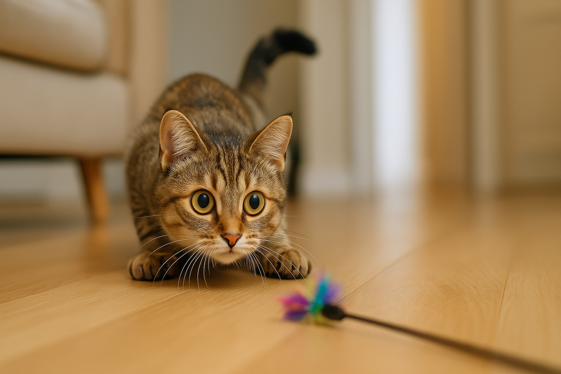 Playful cat crouching with wide eyes and twitching tail, showing body language before pouncing, Pacha Litter.
