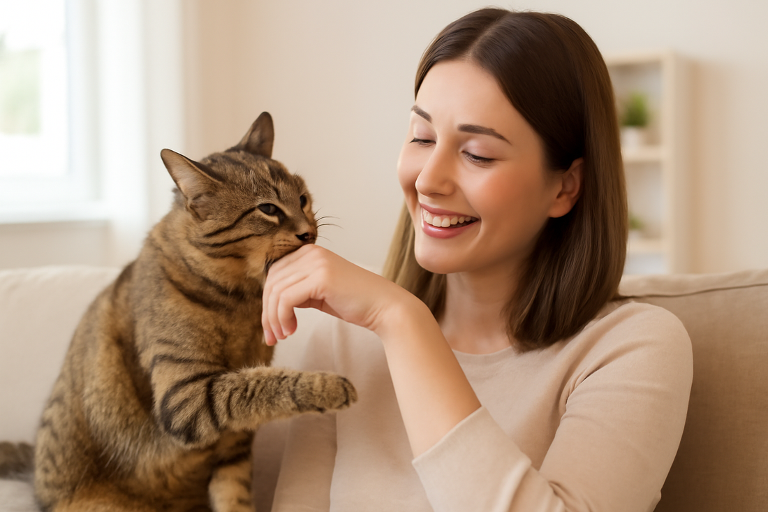 Playful domestic cat gently biting owner's hand in a relaxed home setting, Pacha Litter.