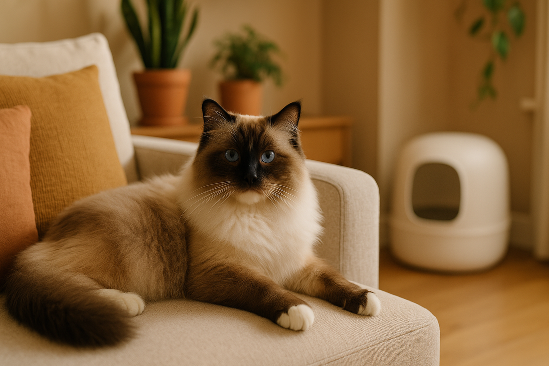 Ragdoll cat relaxing in a cosy UK living room with a clean Pacha Litter box in the background.