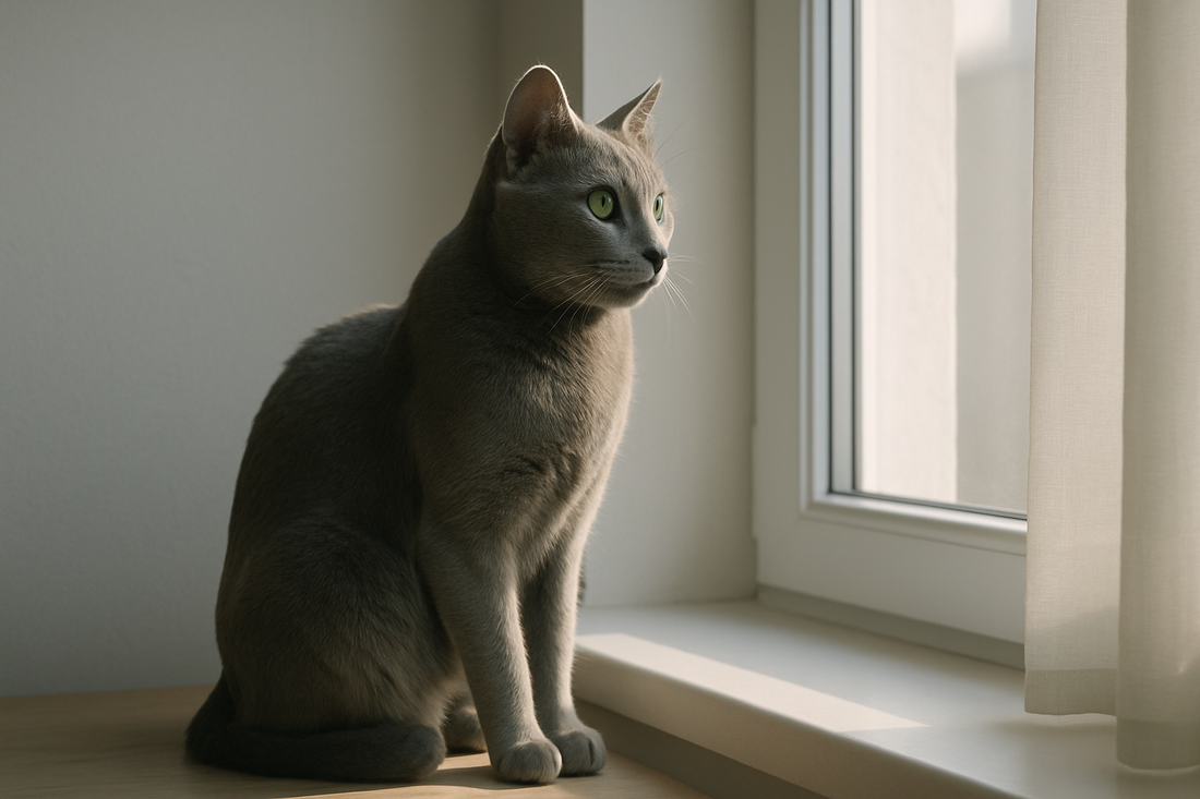 Elegant Russian Blue cat with silver-blue coat sitting on a windowsill in soft morning light, Pacha Litter.