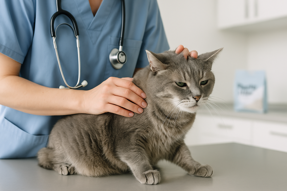 Senior grey cat at the vet having a health check for kidney disease, Pacha Litter.