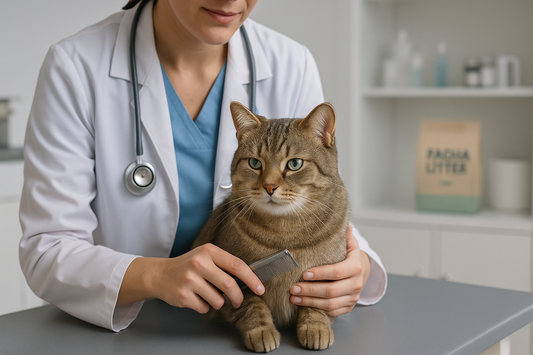 Short-haired domestic cat at a UK vet check-up with a Pacha Litter box in the background.
