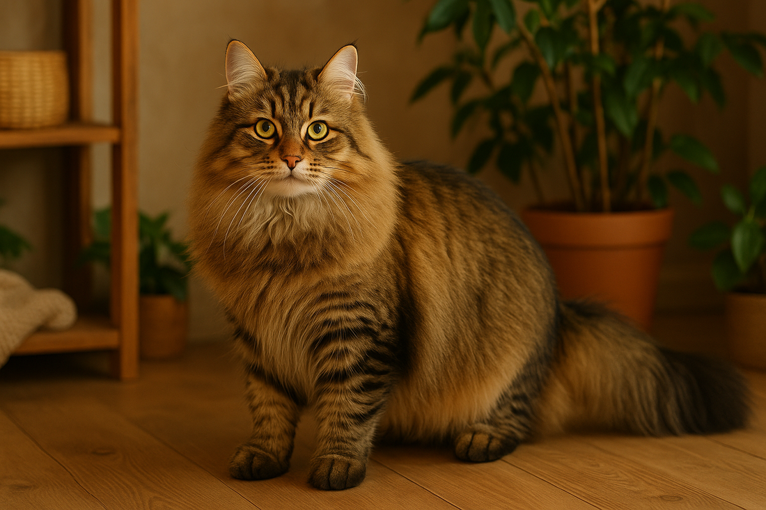 Siberian cat with a thick coat standing in a forest-inspired indoor setting beside Pacha Litter.