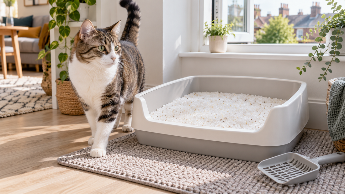 Pacha Litter silica gel cat litter providing moisture absorption and odour control in a small British home