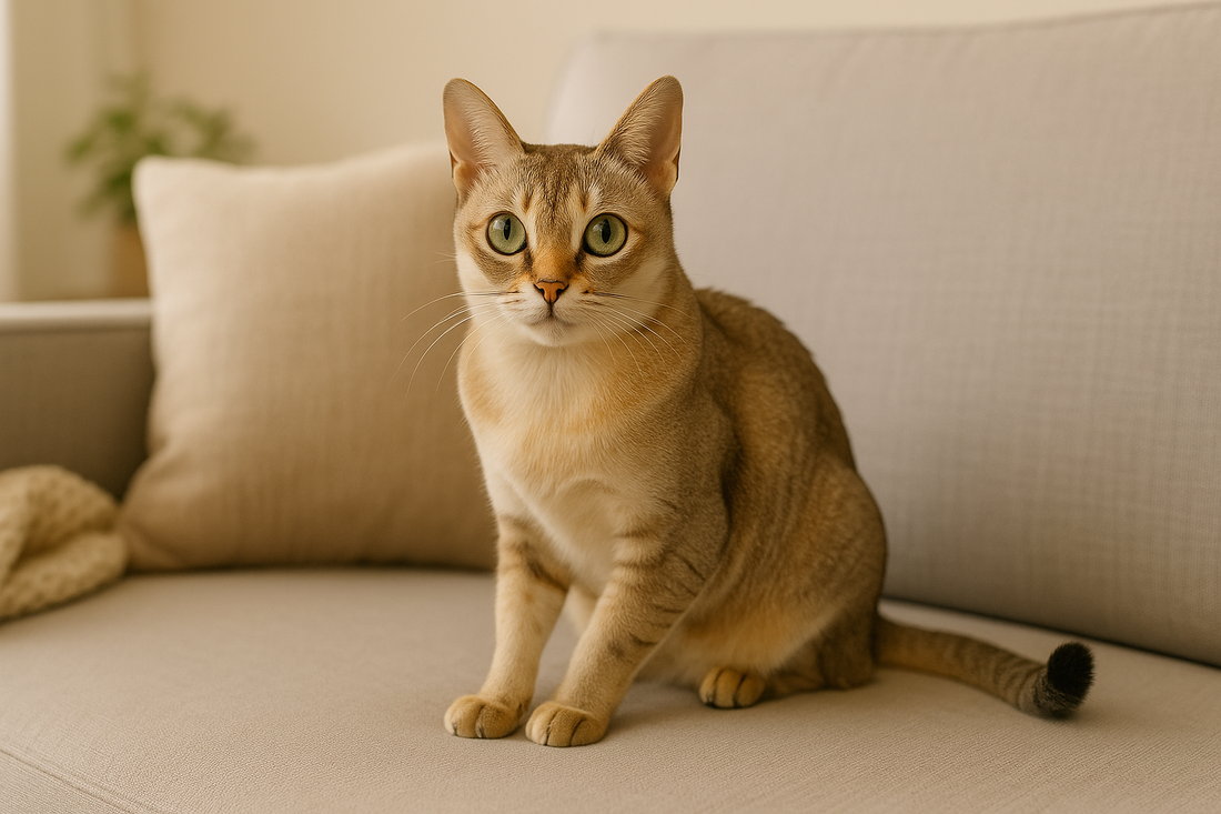 Singapura cat with sepia-toned coat and large green eyes sitting gracefully indoors, Pacha Litter.