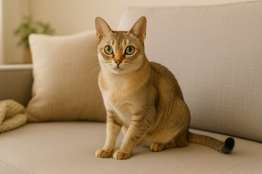 Singapura cat with sepia-toned coat and large green eyes sitting gracefully indoors, Pacha Litter.