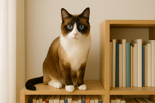 Snowshoe cat with blue eyes, inverted V facial marking and white paws perched on a bookcase in a cosy home, Pacha Litter.