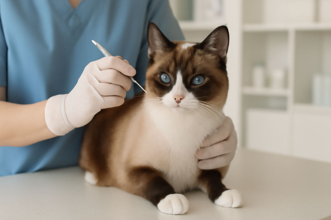 Snowshoe cat calmly receiving a rabies vaccine from a vet in a modern clinic, Pacha Litter.