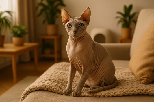 Sphynx cat relaxing on a soft blanket in a UK living room with a Pacha Litter box in the background.