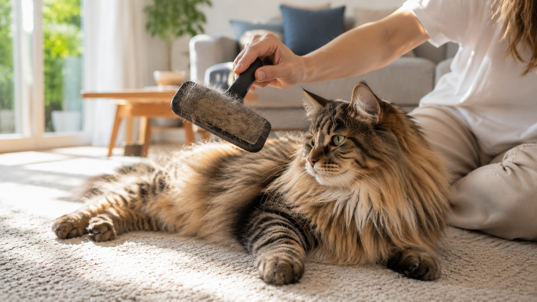 Owner brushing a long-haired cat during summer shedding with Pacha Litter maintaining a clean home environment