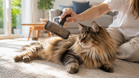 Owner brushing a long-haired cat during summer shedding with Pacha Litter maintaining a clean home environment