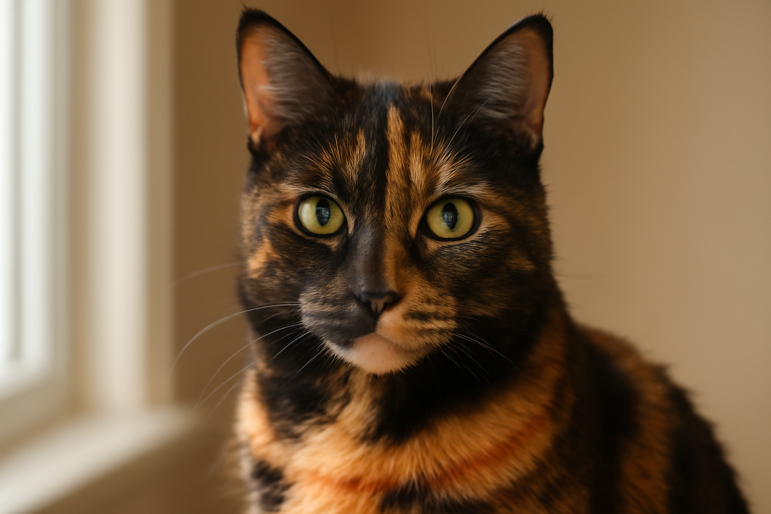 Close-up portrait of a tortoiseshell cat with vibrant black, orange, and gold fur and bright green eyes in a cosy UK home, Pacha Litter.