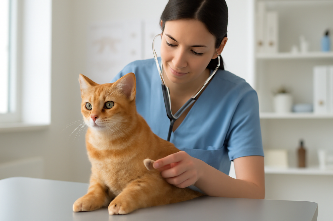 Veterinarian checking a cat’s breathing during an asthma diagnosis in a clean UK clinic, showing responsible pet care, Pacha Litter.