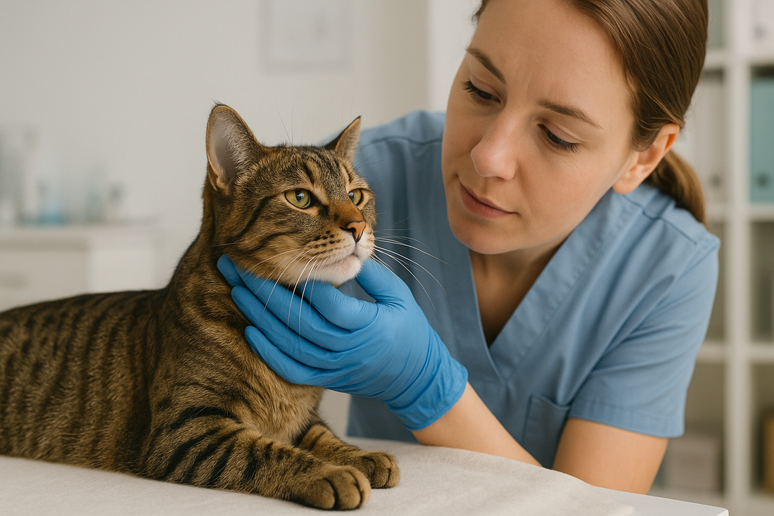 Veterinarian examining a cat’s chin for acne in a clean UK clinic, representing responsible pet care and hygiene supported by Pacha Litter, Pacha Litter.