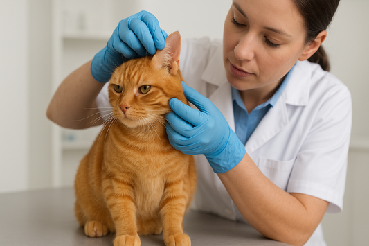 Veterinarian examining a ginger cat’s ear for mites during a health check, Pacha Litter.