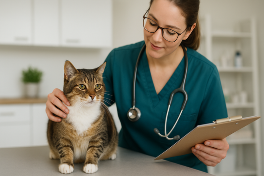 Veterinarian examining an older cat for kidney health in a bright UK clinic, illustrating early detection and responsible care with Pacha Litter, Pacha Litter.