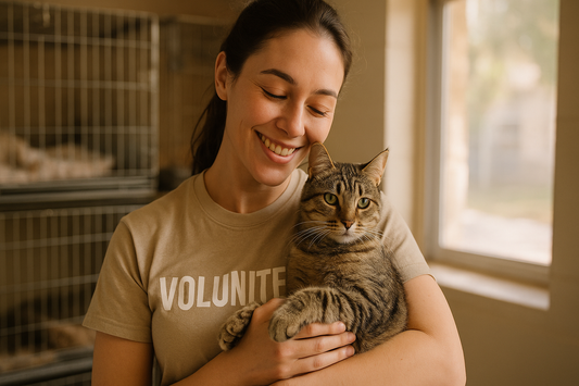 Shelter volunteer cuddling a rescued cat, showing love and support for animal welfare, Pacha Litter.