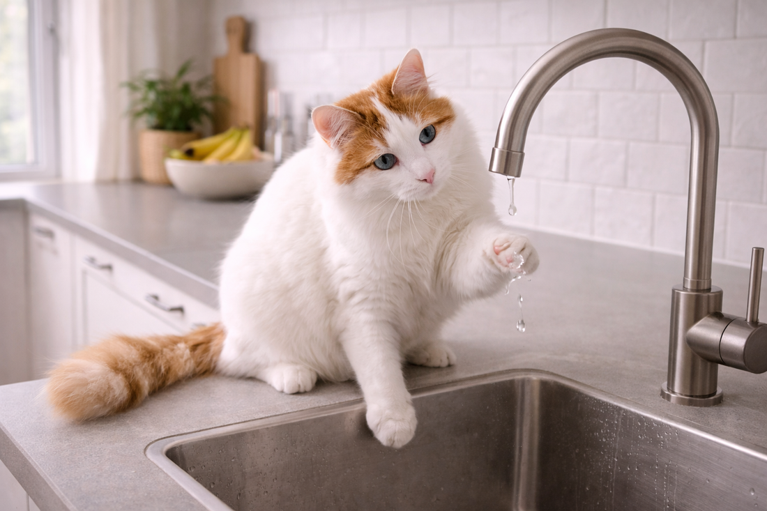 Pacha Litter image of a Turkish Van cat in a UK kitchen fascinated by a dripping tap