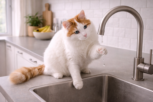 Pacha Litter image of a Turkish Van cat in a UK kitchen fascinated by a dripping tap