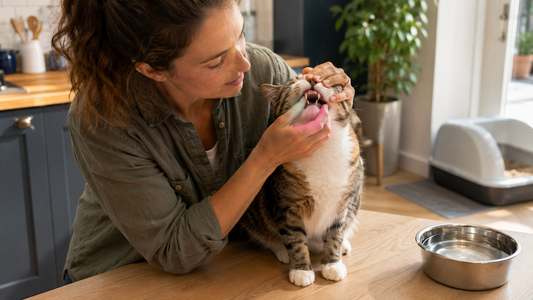 Cat owner checking a cat's teeth and gums for causes of bad breath with Pacha Litter nea