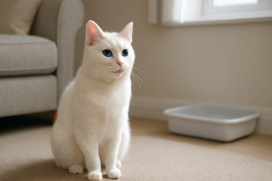 White blue-eyed cat associated with congenital sensorineural deafness, shown in a calm UK home environment with Pacha Litter