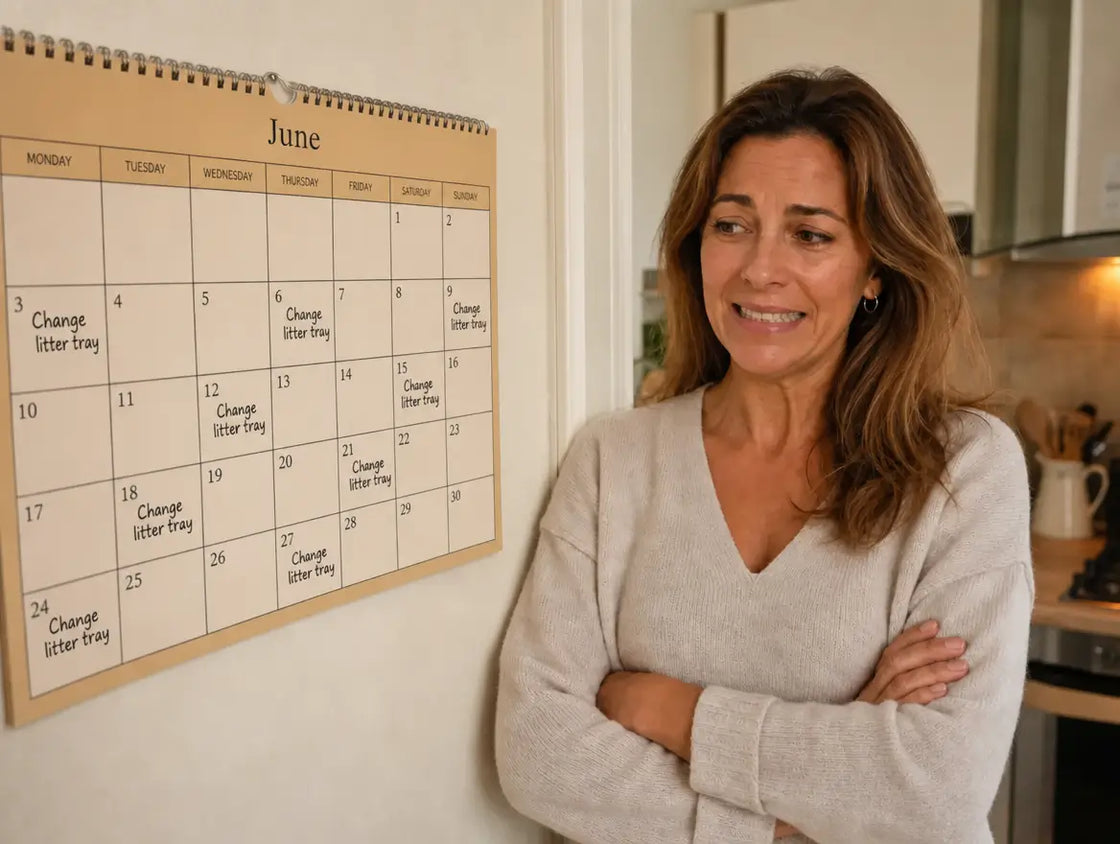 A wall calendar covered in 'change the litter' reminders every three days