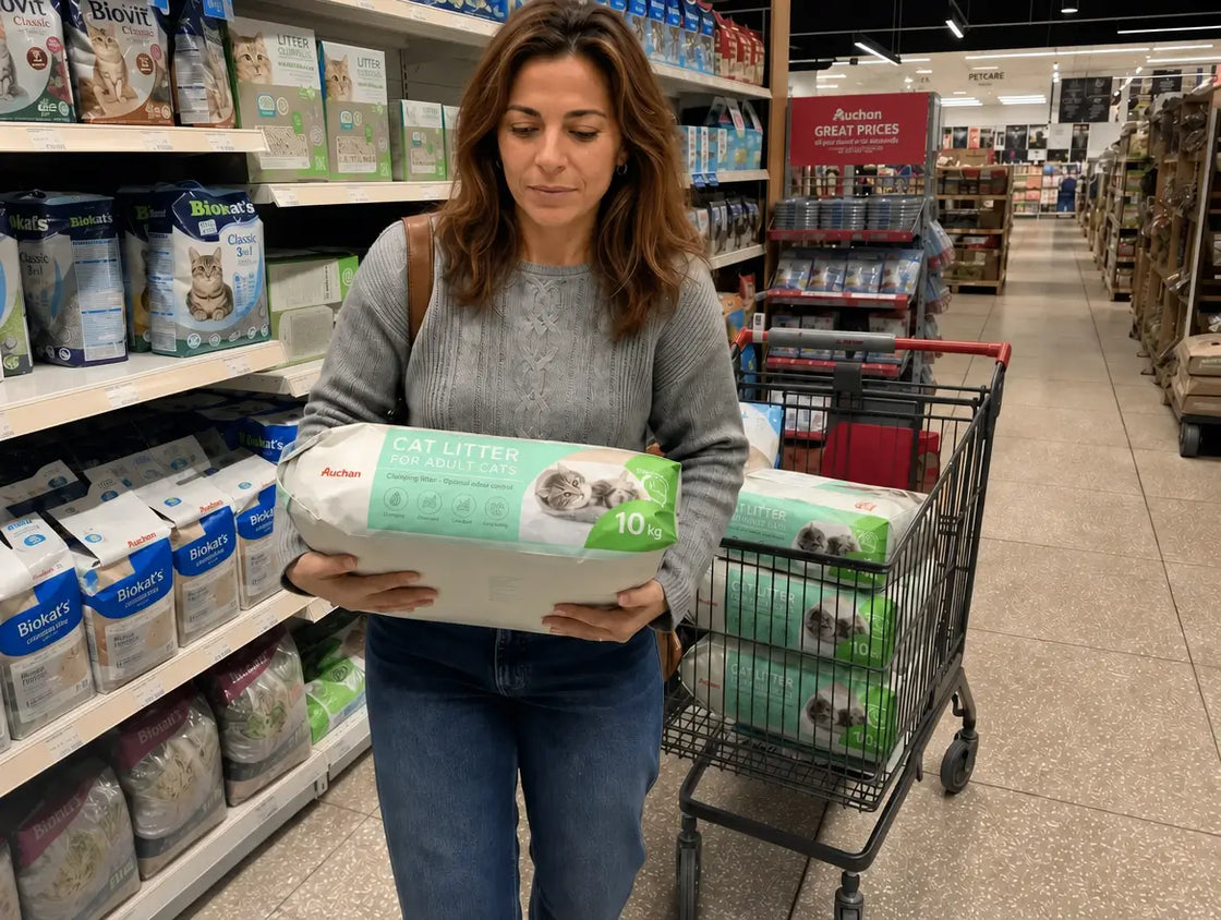 A woman hauling a 10 kg bag of clay cat litter at the supermarket, more bags stacked in her trolley