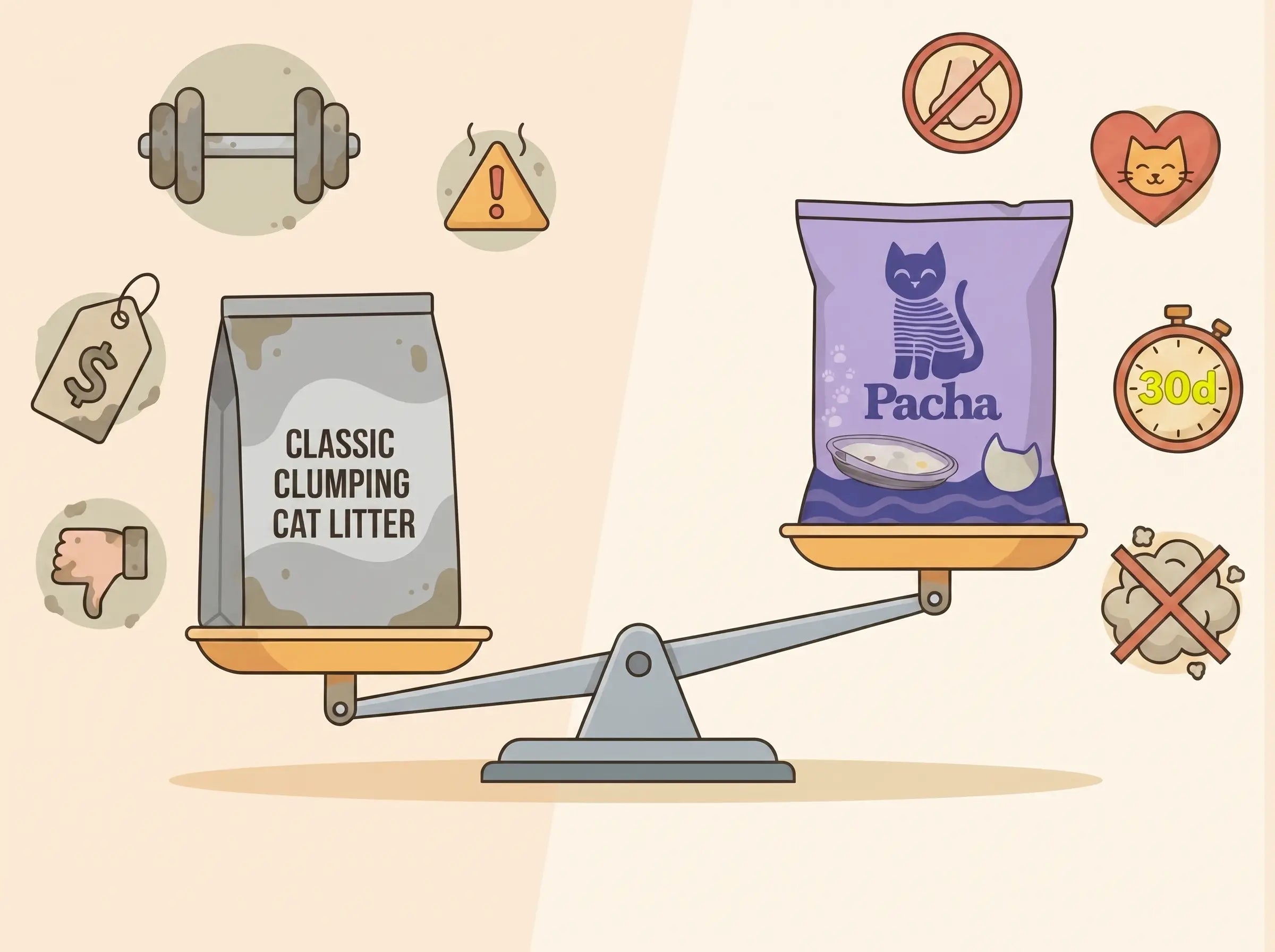 Scales weighing up clumping litter vs Pacha